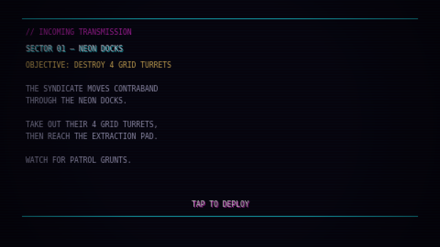 Vice Grid incoming transmission mission briefing screen