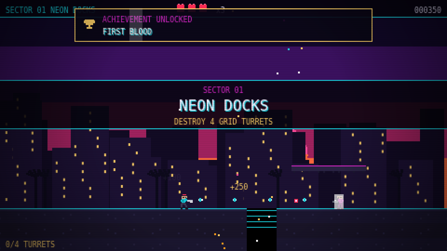 Vice Grid gameplay screenshot, run and gun combat in Neon Docks
