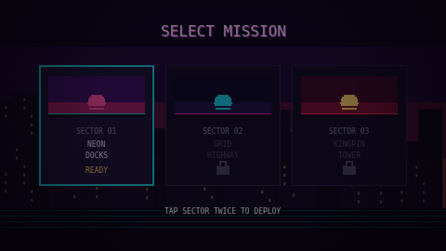 Vice Grid sector select screen showing three mission cards