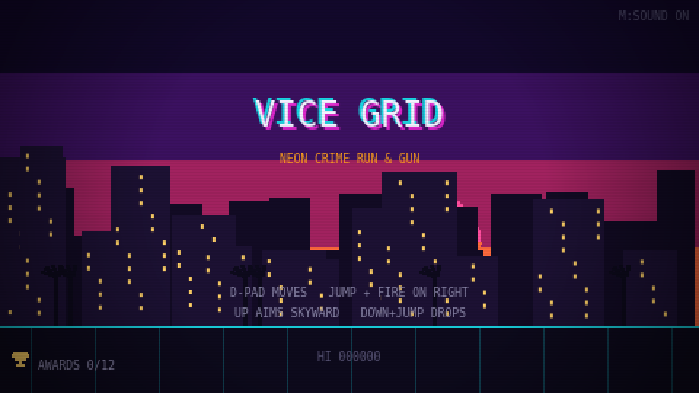 Vice Grid title screen, neon synthwave skyline with the VICE GRID logo